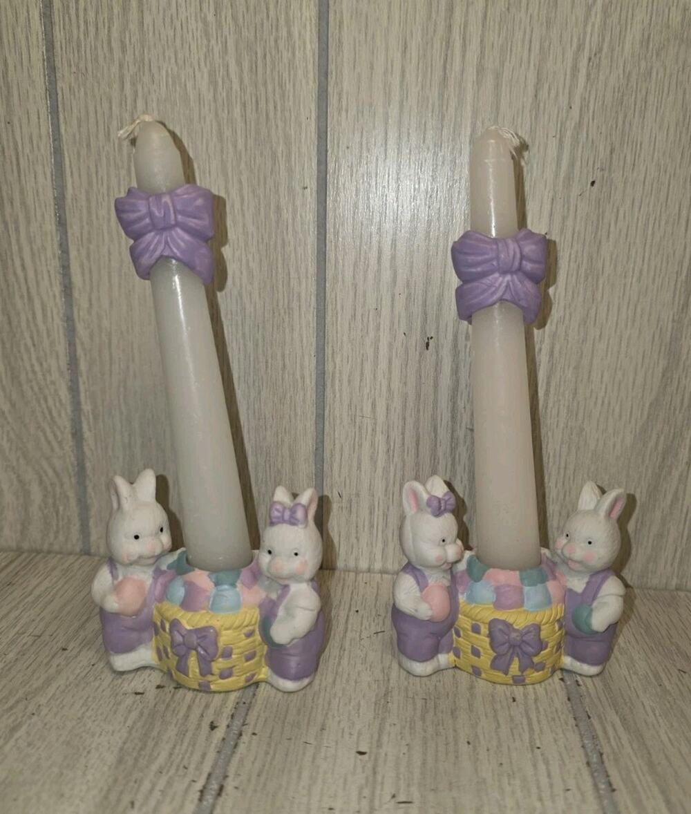 Vtg Hermitage Pottery Easter Candle Holders Bunny Rabbits Easter Basket Set Of 2